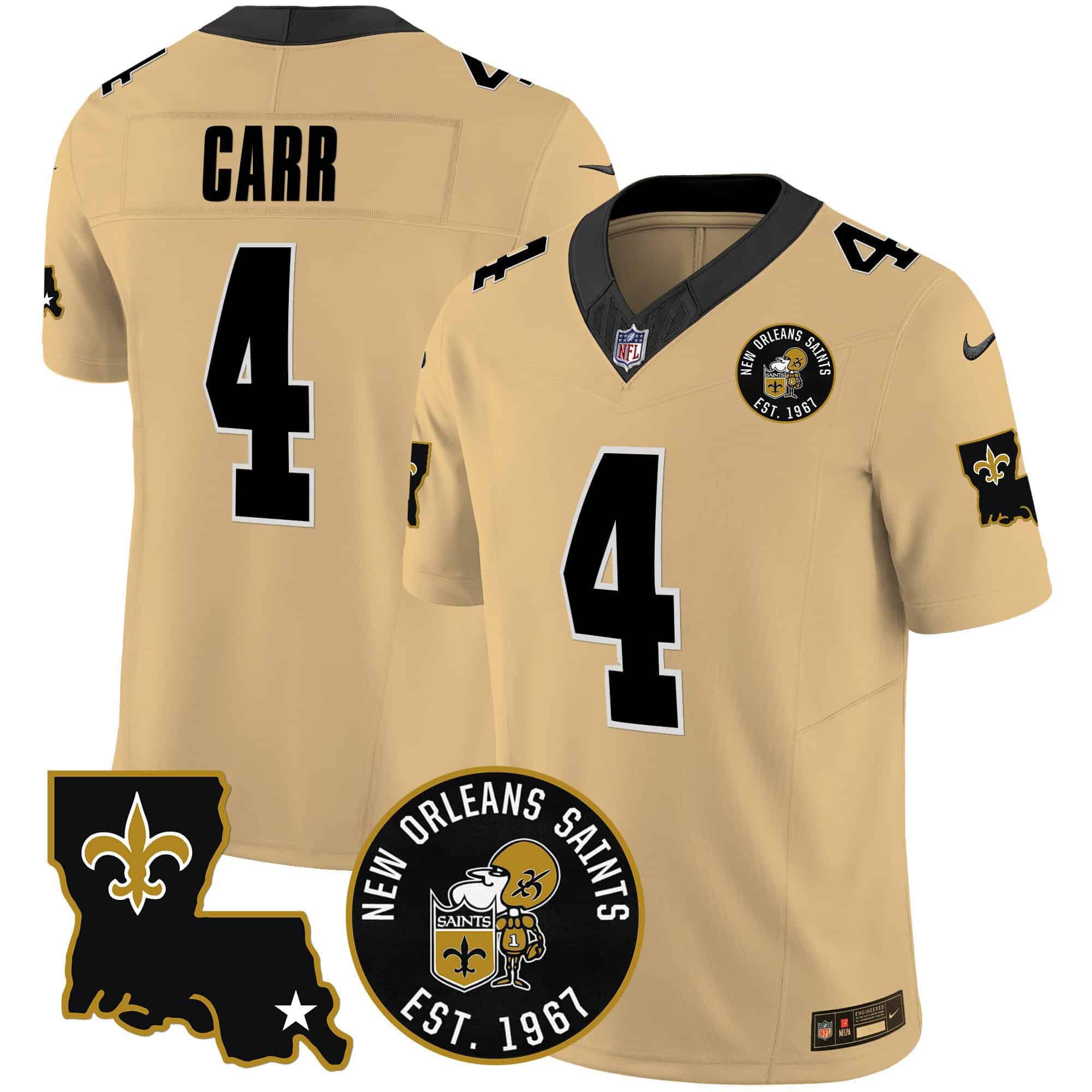 Men New Orleans Saints 4 Carr Yellow 2024 Nike 1967 Patch Vapor Limited NFL Jersey style 1